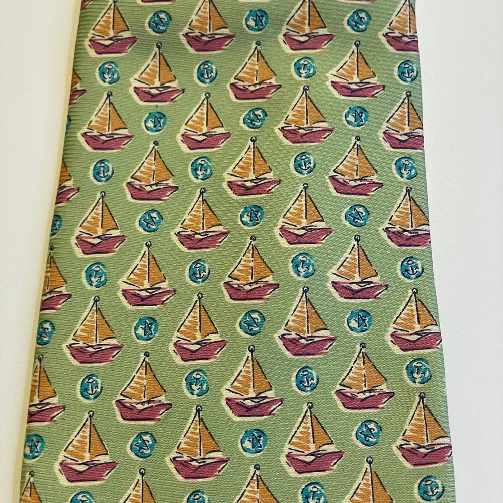 Banana Republic Sail Boat Necktie Mens Green Orange Italian Silk 58